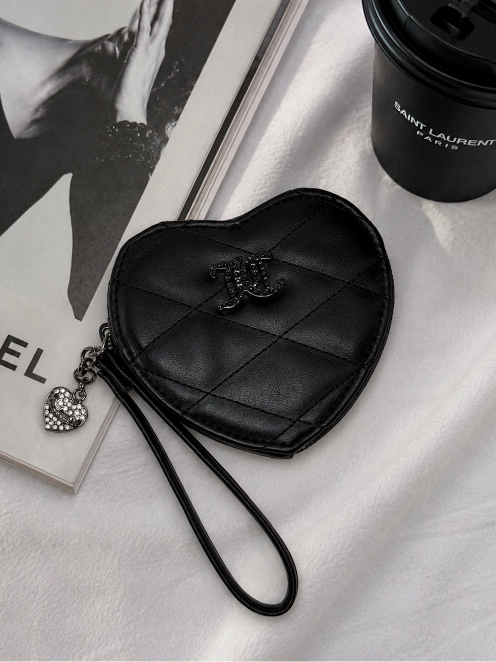 Juicy Couture Black Heart Coin Purse Wristlet Quilted Y2K Wallet Charm